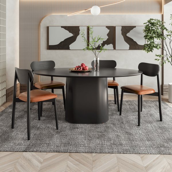 mesa oval aurora ebano cadeiras couro madeira