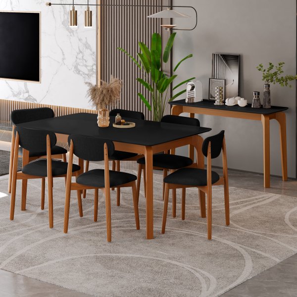 aparador portugal madeirado preto conjunto 6 cadeiras linho preto 1