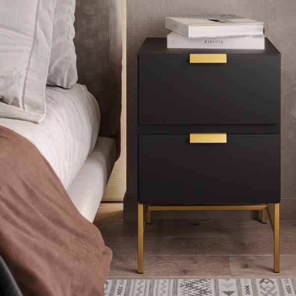 mesa de cabeceira com base em metal e mdf preto dourado 2